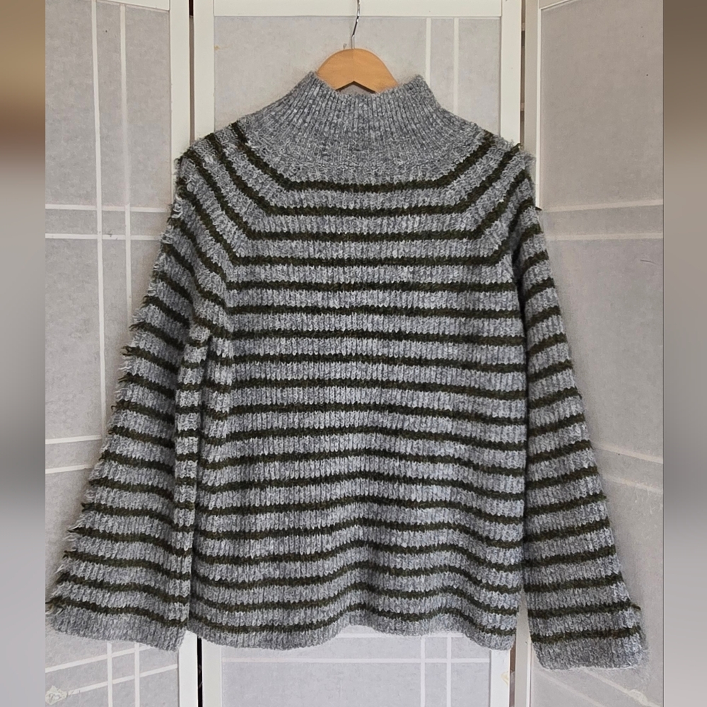 Revolve Striped Mock- Neck Sweater in Gray and Green